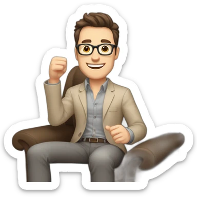 Joyful Celebrating victory Hands up Pale skinned Fit Man With dark brown hair in gray jacket, beige office shirt, Brown pants and vintage glasses sitting In a soft chair sticker