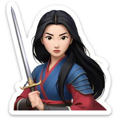 Cinematic Realistic Mulan Portrait, depicted with lifelike skin texture, soft natural lighting, and intricately detailed long black hair styled elegantly. Her deep, expressive eyes exude determination and grace, complemented by a serene yet confident expression. She stands with one hand resting on the hilt of her sword, the other by her side, exuding strength and poise. She is dressed in her classic attire, with rich fabric textures and delicate folds that catch the light beautifully. The portrait features a soft, enchanting glow with a natural, radiant finish, capturing the essence of timeless strength and beauty in a realistic and painterly style, evoking a sense of depth and authenticity. sticker