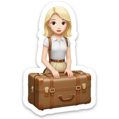 Blonde, pale girl with a luggage  sticker