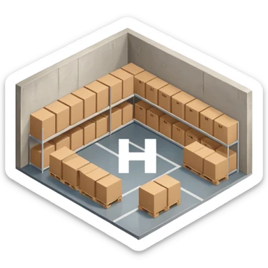 warehouse layout with shelves and a path in the shape of the letter H, simple and clear sticker