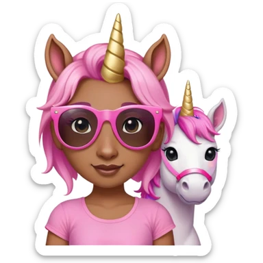 friendly anthropomorphised female unicorn with horse-like face, in tutu and pink t-shirt, wearing dark sunglasses, standard pose, close-crop head and shoulders portrait sticker
