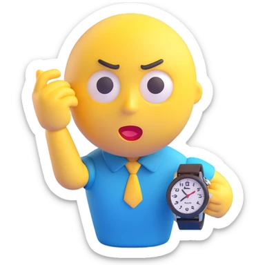 A yellow emoji face with a worried expression, looking at a wristwatch with raised eyebrows, showing urgency and stress sticker