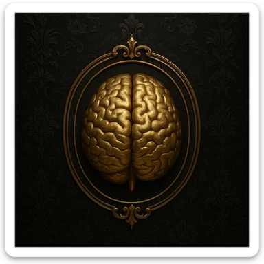 ultrarealistic 3d gold brain symbol, representing common sense, on a dark black background with high-definition Victorian silk pattern and gothic florals. The brain is the main symbol, inside a thin, ornate frame that follows its shape, with a spotlight effect. Classic, arcane, mysterious, and elegant. sticker