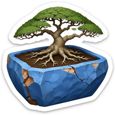 Aged two toned blue terracotta Roots Stoneware akadama moss on soil irregular angular Stone Age rocks cracked crags and broken rough edges forming a very shallow Yixing bonsai pot sticker