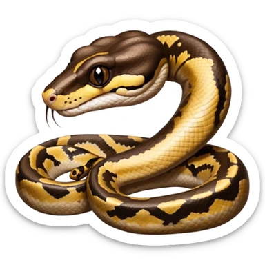 A photo-realistic digital illustration of a Ball Python, large headshot portrait. The snake has a short, rounded snout, smooth contours, and a calm, curious expression. Its head is warm brown with bold, irregular dark markings, including the signature “alien-head” pattern.  sticker