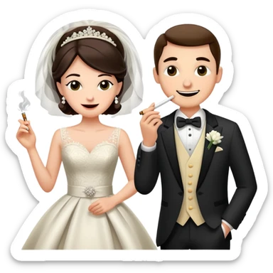 Person in fancy clothes sneaking into a wedding ceremony with a mischievous grin, uninvited guest, smoking sticker