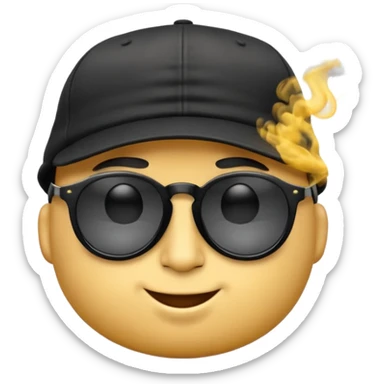 A high-res yellow face emoji with black sunglasses and a backwards black cap, smirking with half-lidded eyes and exhaling soft gray-white smoke, with detailed shading, glossy lenses, and realistic smoke wisps. sticker