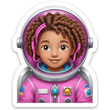 Create a vibrant, 2D digital illustration of Peyton, a 6-year-old African American girl with bright, curious eyes and an infectious smile. She has natural curly hair styled in puffs or braids and wears a pink-themed outfit that reflects her fun, bold personality—whether it’s a pink astronaut suit, chef uniform, or another professional costume from her dream job series. Peyton is full of energy, curiosity, and imagination. She's confident, kind, and always ready for an adventure. The setting should be colorful, playful, and kid-friendly, matching the theme of her current exploration (space, kitchen, classroom, etc sticker