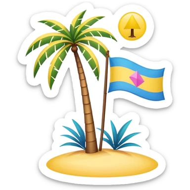 A pink flag in this flag there’s two small blue triangles on the sides In the middle of the circle on the flag a small pink palm tree coming out of the sides  yellow circle with two thick yellow stripes sticker