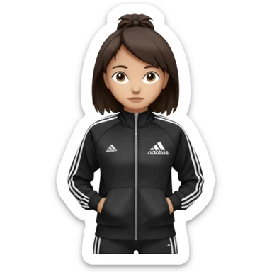 A girl with  medium-length, dark brown hair. The style is a soft, layered cut that falls around her shoulders. wore black Adidas track jacket with white stripes on the sleeves. It has a full zipper down the front, a stand-up collar, and the Adidas logo on the right chest emoji sticker