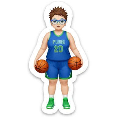 Full Body white plus size Girl with basketball spikey short brown HAIR wearing blue glasses with green eyes wearing blue and green basketball uniform WITH NO WRITING sticker