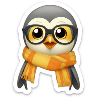 yellow penguin with black glasses dirtyblonde hair with orange tshirt and gray striped scarf sticker