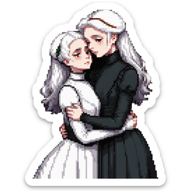 Two Victorian women with light eyes, one with bright pure white coiffed hair and one with dark copper coiffed hair, wearing Victorian turtleneck dresses, embracing tightly in an extremely sad, intimate hug sticker