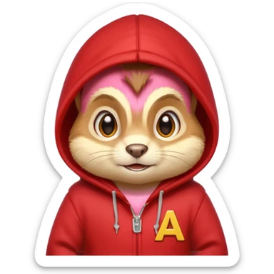 Portrait of a cartoon chipmunk with light brown and beige fur, wearing a red hoodie no zip with a yellow 'A' on it, big round eyes, small nose, and a mischievous grin, front-facing, stylized in animated movie style sticker