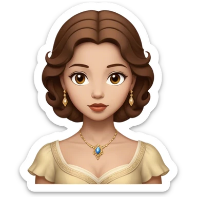 Cinematic Realistic Belle Portrait, depicted with lifelike skin texture, soft natural lighting, and intricately detailed brown hair styled elegantly. Her deep, expressive eyes exude warmth and intelligence, complemented by a serene and graceful expression. She is dressed in her classic attire, with rich fabric textures and delicate folds that catch the light beautifully. The portrait features a soft, enchanting glow with a natural, radiant finish, capturing the essence of timeless beauty in a realistic and painterly style, evoking a sense of depth and authenticity. sticker