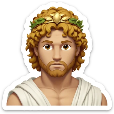Cinematic Realistic Hercules Portrait, depicted as a classical Greek hero merging the fierce masculinity of Hercules with the refined face of Michelangelo's David. His light tan, chiseled skin glows with timeless strength, and his thick, curly, golden brown hair cascades in natural, sculpted curls reminiscent of a warrior’s mane. Draped in a flowing white robe with delicate golden accents and crowned with a traditional Greek laurel wreath, his intense, determined eyes exude noble might, all rendered under dynamic natural lighting with a mythic, radiant glow. sticker