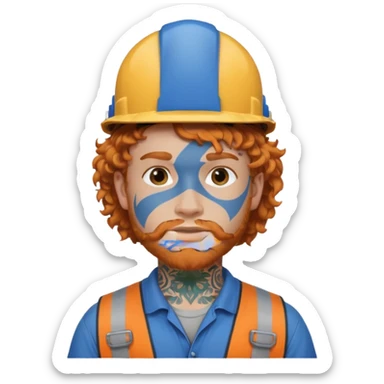 construction worker man ginger curly hair, blue helmet and heavy face tattoo sticker