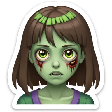 Zombie girl, with long brown hair and short bangs, and green skin sticker