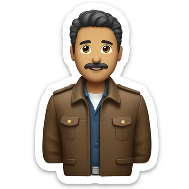 Brown jacket with small mustache and staight hair white handbadge sticker