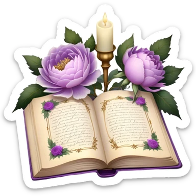 An antique botanical journal with golden-edged pages, filled with meticulously pressed lilac roses, ice violet peonies, and amethyst dahlias, lies open beneath the soft glow of candlelight, its delicate illustrations and handwritten notes whispering stories of forgotten gardens as a pearl butterfly gently perches on its weathered cover. sticker