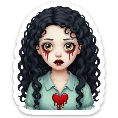 adorable zombie girl with long black curly hair and a white streak, unsettling face, makeup, iPhone emoji style sticker