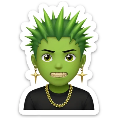 green zombie boy with spiky black emo hair and a black shirt with piercings and gold grilzz  sticker