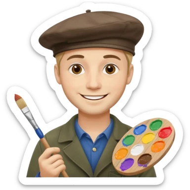 smiling man painter beret paint palette and brush sticker