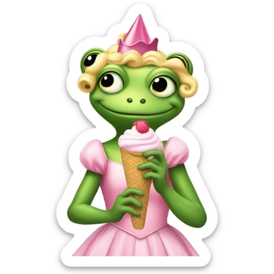Frog eating ice cream and wearing a pink dress for wicked playing as glinda sticker