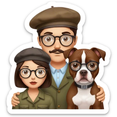 brunette hipster man w wire glasses and brunette girl with bob and beret and a brown pitbull boston terrier  sticker