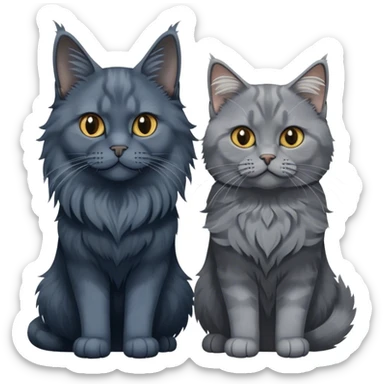 Portrait of a black smoke Maine Coon cat with long grey ear tufts, alongside a British Shorthair cat with a solid blue coat. Both cats with detailed fur textures and playful expressions. Soft, elegant background with warm, natural tones. Transparent background. sticker