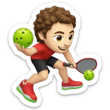 Young guy with brown hair playing pickleball full body red shirt black shorts solid black paddle sticker