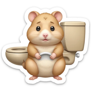 Cute chubby cartoon-style hamster sitting on toilet pooping looking as if he had an accident sticker