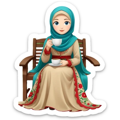Turkish beautiful finish Konya girls blue eyes with Beautiful beige red green floral hijab long tail dress and this two friends sit in a lovely garden on the chair on the ground and holds cup coffe with her hand  sticker