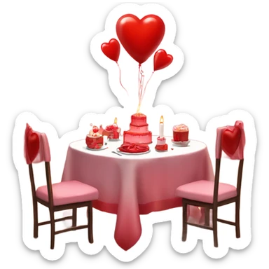 Red romantic party setting for two people and heart balloon  table with white cloth and candle with bows on the table and white Korean cake sticker