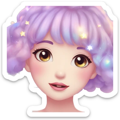 Gorgeous pastel anime style lady blushing nebula gradient sparkle face dreamy idol model colorful shiny stars galaxy kawaii cottagecore pearly petite simplistic aesthetic trending style sticker