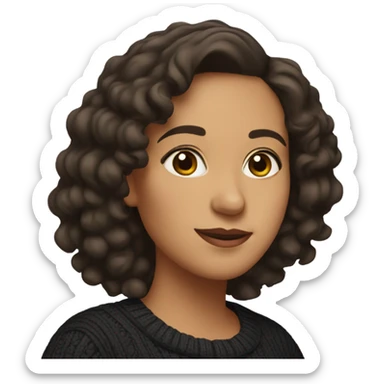 Hispanic woman in 40’s curly hair shoulder length big eyes black sweater sticker