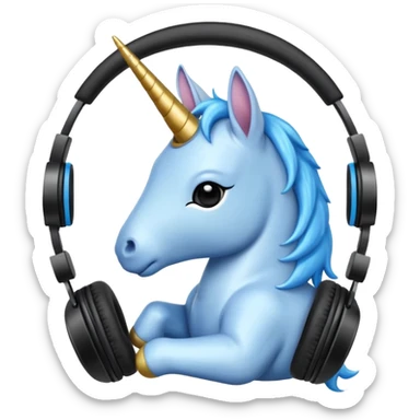 Unicornio bebé azul sentado escuchando música con auriculares negros sticker