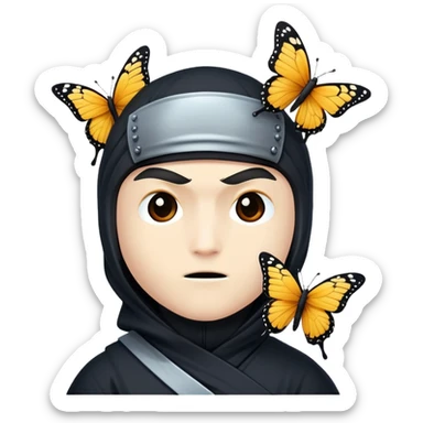 Crea un emoji con estos dos emoji 🥷🏻🦋
él ninja de piel blanca con la mariposa posada en cabeza como si estuviera volando. sticker