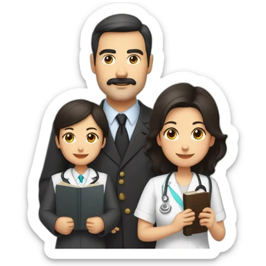 father american middle age with dark brown hair mustache and trimmed beard wearing a suit holding a bible, mother asian middle age with black shoulder length hair wearing a nurse uniform sticker