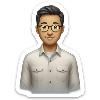 30 yr old smiling chinese man with clear aviator glasses in a button down office shirt sticker