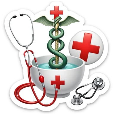 An icon featuring a caduceus (a bowl with a snake), a red cross, and a stethoscope, symbolizing medicine. The design includes medical tools and symbols, representing healthcare, diagnosis, and healing practices. Transparent background highlights the profession and study of medicine. sticker