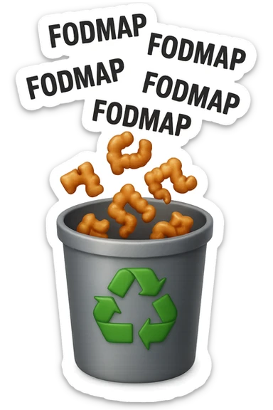 cinque scritte piccole "FODMAP" e piccoli pezzi di colon cadono in un secchio della spazzura con simbolo "recycle" sopra, stile emoji iphone, iperrealistico 4k sticker