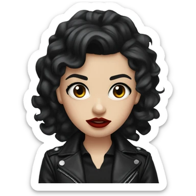 White girl, with long curly black hair, with red lipstick, black winged eyeliner, wearing black shirt and black leather jacket, rolling her eyes annoyed sticker