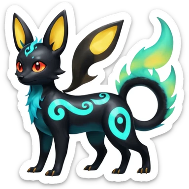 Shiny Fiery Dark Glowing Ethereal Eldritch Cool Edgy Badass Punky Aural Iridescent Fluorescent Bioluminescent Umbreon-Amaura-Salandit-Litten-Flareon-Fakémon-fusion (full body) with pattern markings sticker