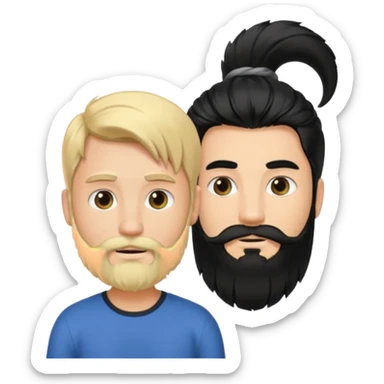 Man with long black hair tied in a tail and beard with a young blond short-haired without a beard sticker