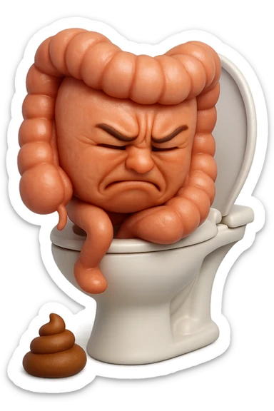 SU QUESTO STILE FAI UN EMOJI STILE IPHONE 3D DI UN INTESTINO CHE sta seduto sul wc e davanti ha una montagnetta di feci a palline stile emoji iphone, FAGLI UN ESPRESSIONE di dolore mentre si sforza E FALLO MOLTO REALISTICO IN 3D sticker