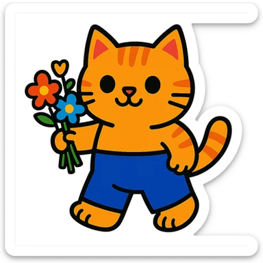 a chubby kitten in pants with a bouquet of flowers sticker