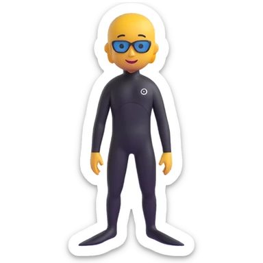 Extend the freediver's leg fins to be significantly longer, resembling professional freediving fins, while keeping the same pose, black wetsuit, and overall 3D emoji style unchanged. Preserve the black background and all other design elements. sticker