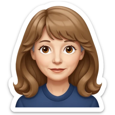 60 yr old woman, very small brown eyes, long wavy light brown hair, bangs,  sticker