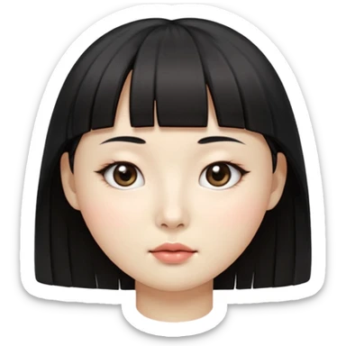 Clean Korean illustration-style emoji portrait of a young Korean woman, front-facing.
Smooth porcelain skin, soft shading, large round eyes, calm neutral expression.
Straight black bangs, black hair tied back, small nose and lips.
Round oval face, soft jawline.

 sticker